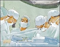 Πέντε οι πάροχοι υγειονομικής περίθαλψης φορώντας χειρουργικές ποδιές, μάσκες, καπέλα και να κάνει χειρουργική επέμβαση.