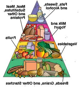 Διαβήτης πυραμίδα τροφίμων που δείχνει βάση από ψωμί, δημητριακά και άλλα άμυλα. Τα λαχανικά και τα φρούτα είναι το επόμενο. Πάνω από αυτά είναι το γάλα και το γιαούρτι, και το κρέας, τα υποκατάστατα κρέατος, και άλλων πρωτεϊνών. Κορυφή της πυραμίδας είναι τα λίπη, τα γλυκά και το αλκοόλ.